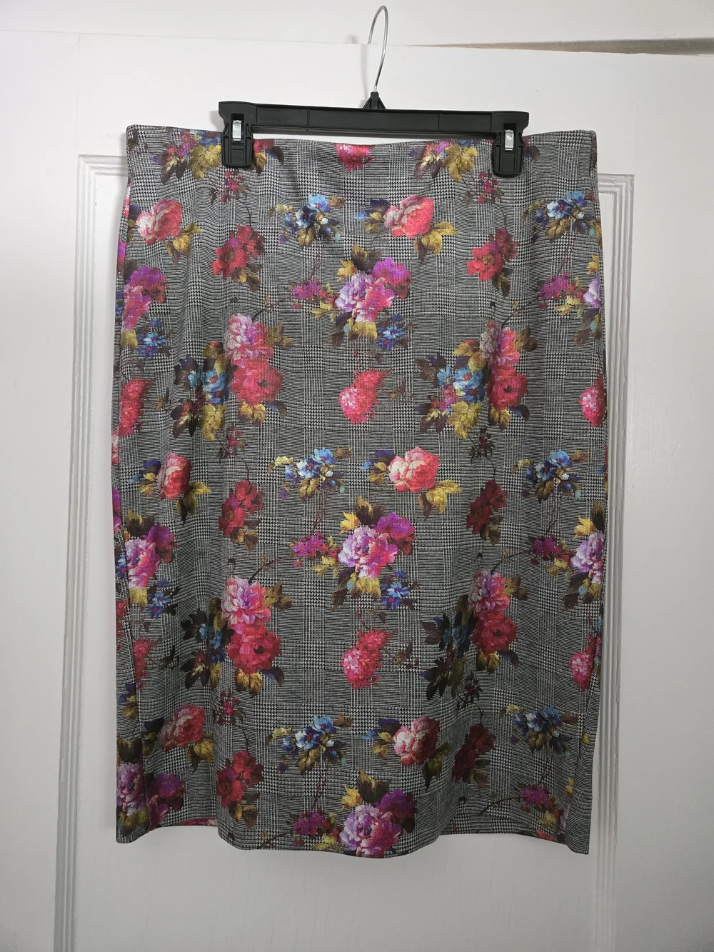 ECI Gray Plaid Pencil Skirt with Pink & Yellow Floral Print